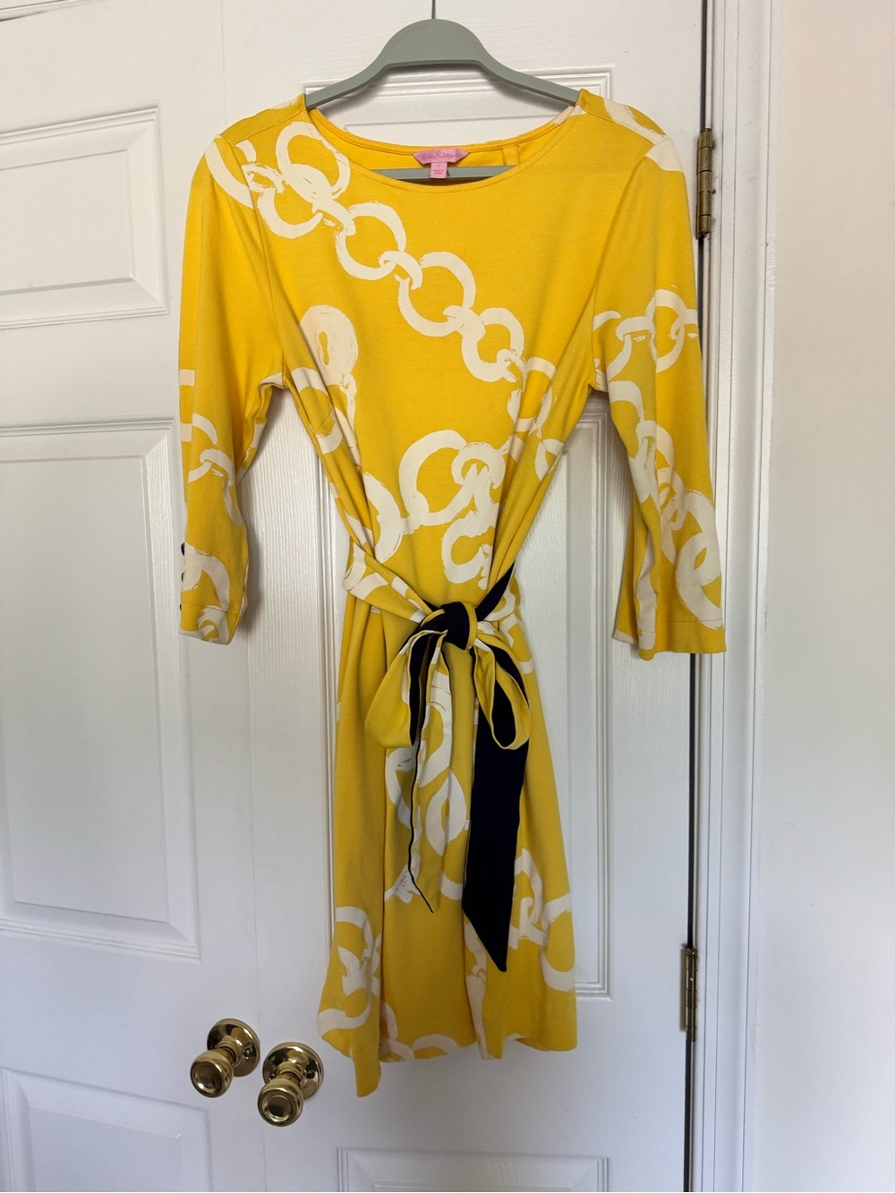 Lilly Pulitzer size L Yellow Chain-Print Tie-Waist Women’s Dress